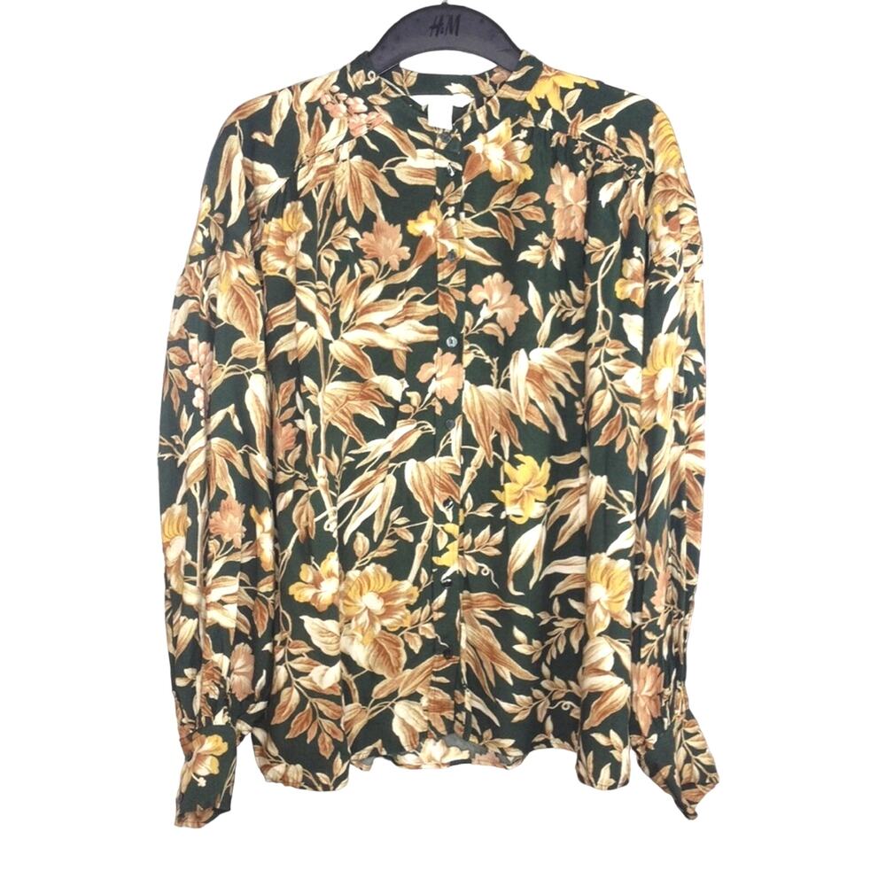 H & M Floral Print Button Up Black Long Sleeve Shirt size 12